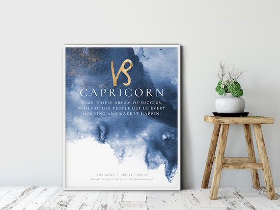 Capricorn Zodiac Gold Goat Symbol Blue Watercolor Success Quote Poster