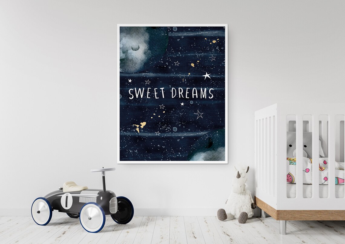 Sweet Dreams Starry Night Watercolor Nursery Stars Moon Wall Poster - Image 4