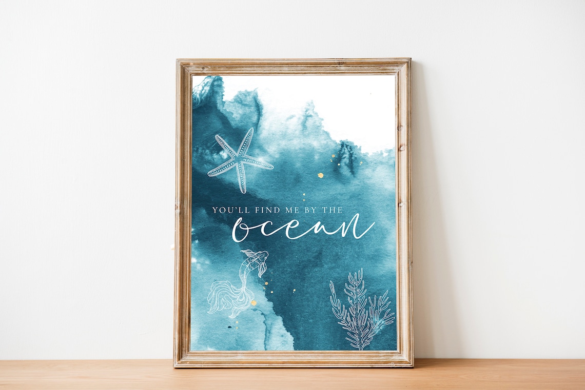 Find Me By The Ocean Teal Watercolor Coastal Quote Nautical Poster