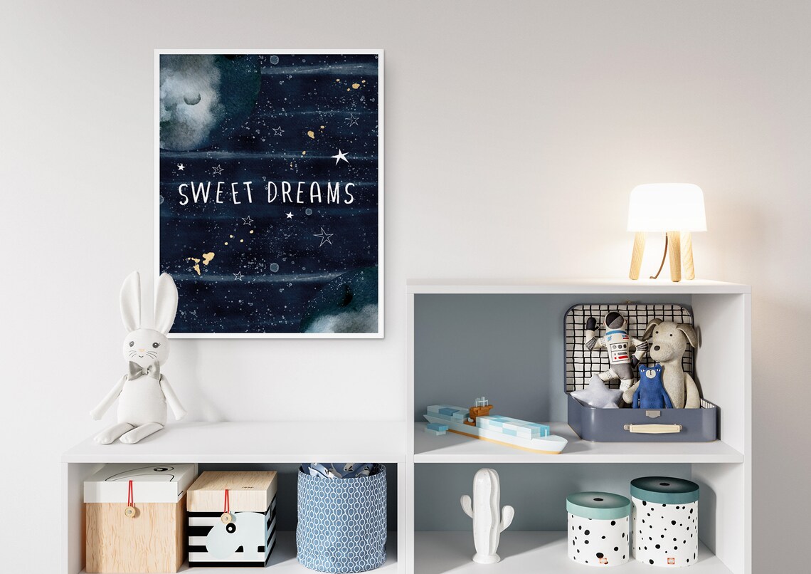 Sweet Dreams Starry Night Watercolor Nursery Stars Moon Wall Poster - Image 5