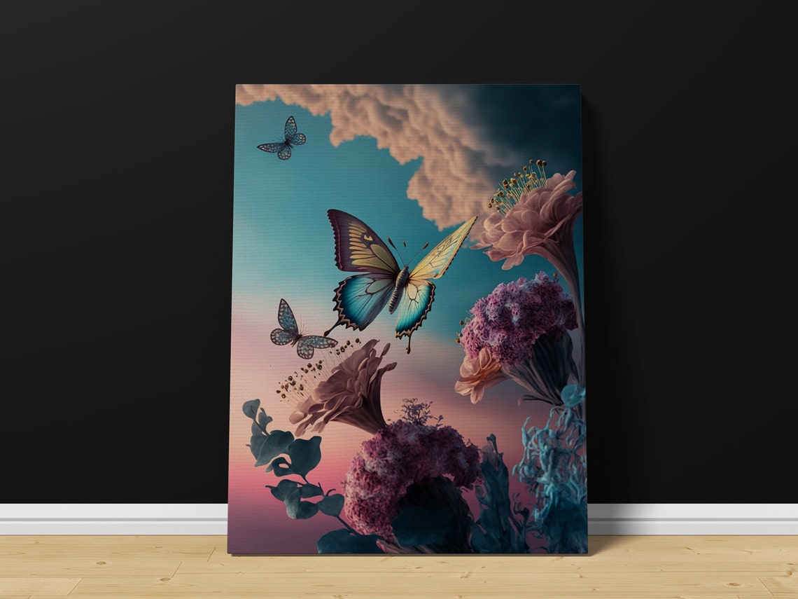 Blue Yellow Butterflies Over Dreamy Flowers Teal Pink Wall Poster - Image 3