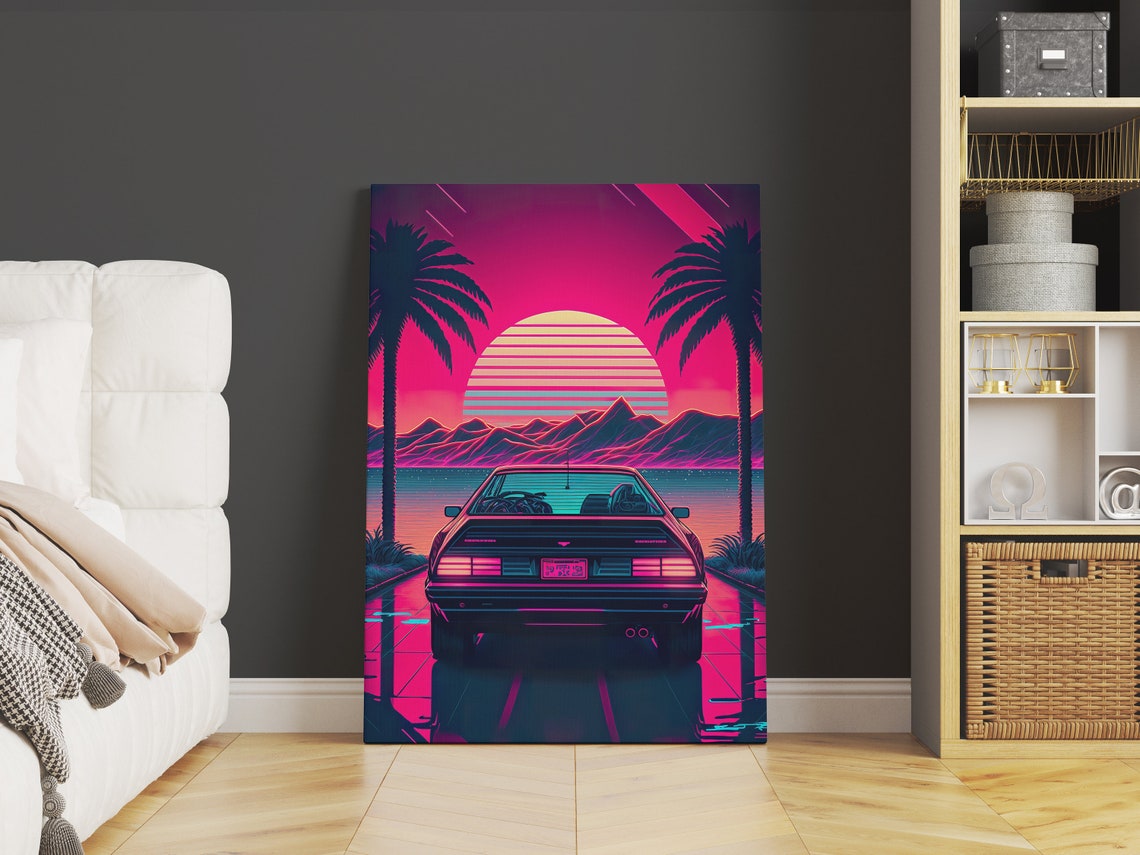 Retro Synthwave Car Driving Toward Neon Striped Sunset Poster - Image 2