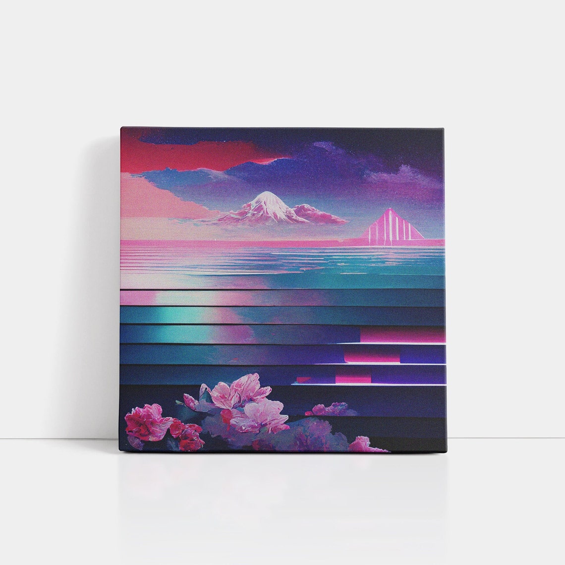 Mount Fuji Pink Sunset Over Ocean Cherry Blossoms Vaporwave Art Poster