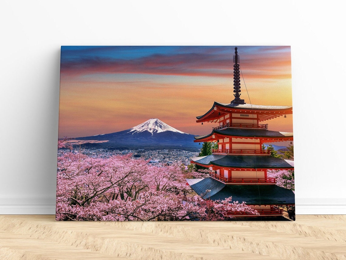 Mount Fuji at Sunset with Pagoda and Cherry Blossoms Japan Poster