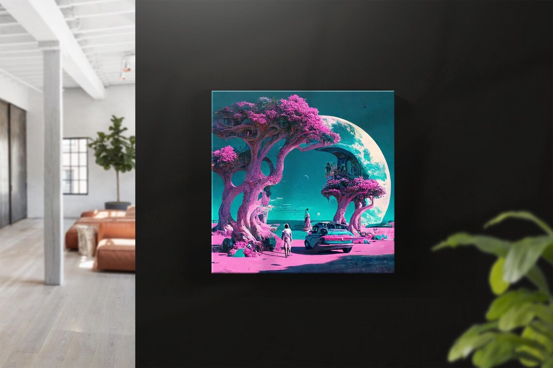 Surreal Retrowave Landscape Poster Pink Blooming Trees Under Crescent Moon - Image 3