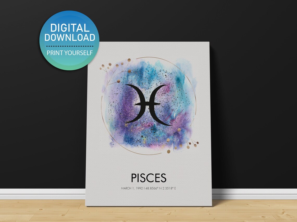 Pisces Zodiac Symbol Watercolor Galaxy Starry Night Art Poster