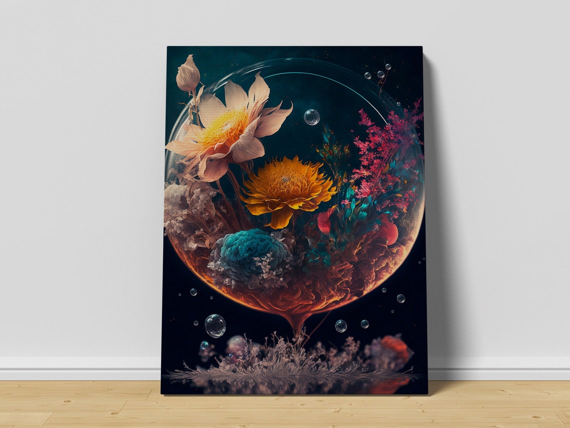 Surreal Flowers Inside Glass Sphere Floating on Dark Background Poster