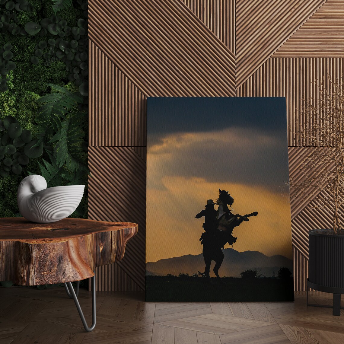 Cowboy on Rearing Horse Silhouette at Sunset Mountains Photo Poster - Image 2
