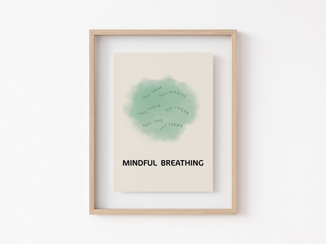 Mindful Breathing Inhale Exhale Calm Green Watercolor Therapy Poster - Image 3