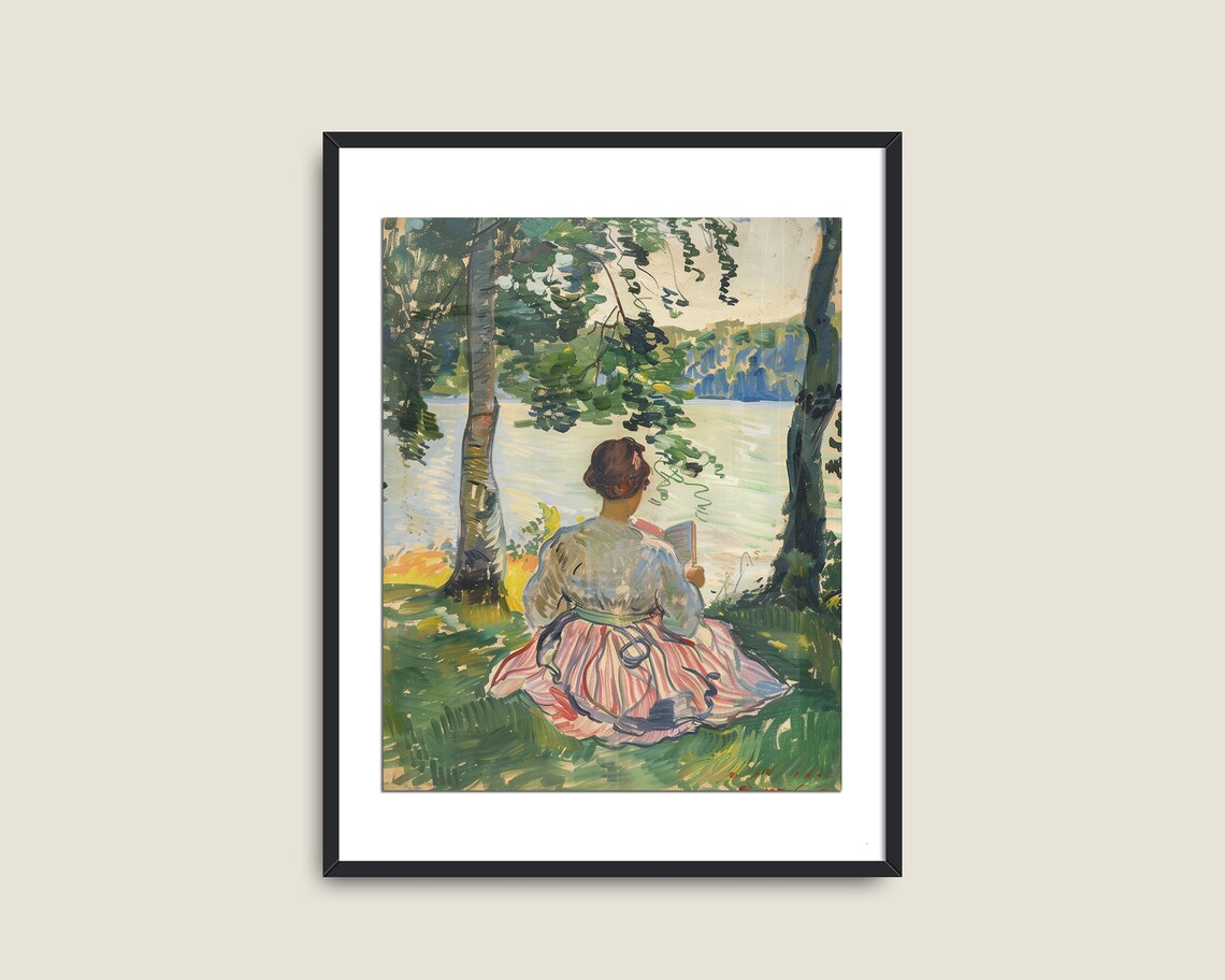 Woman Reading Book Lakeside Vintage Expressionist Painting Quiet Summer Art Print - Image 2
