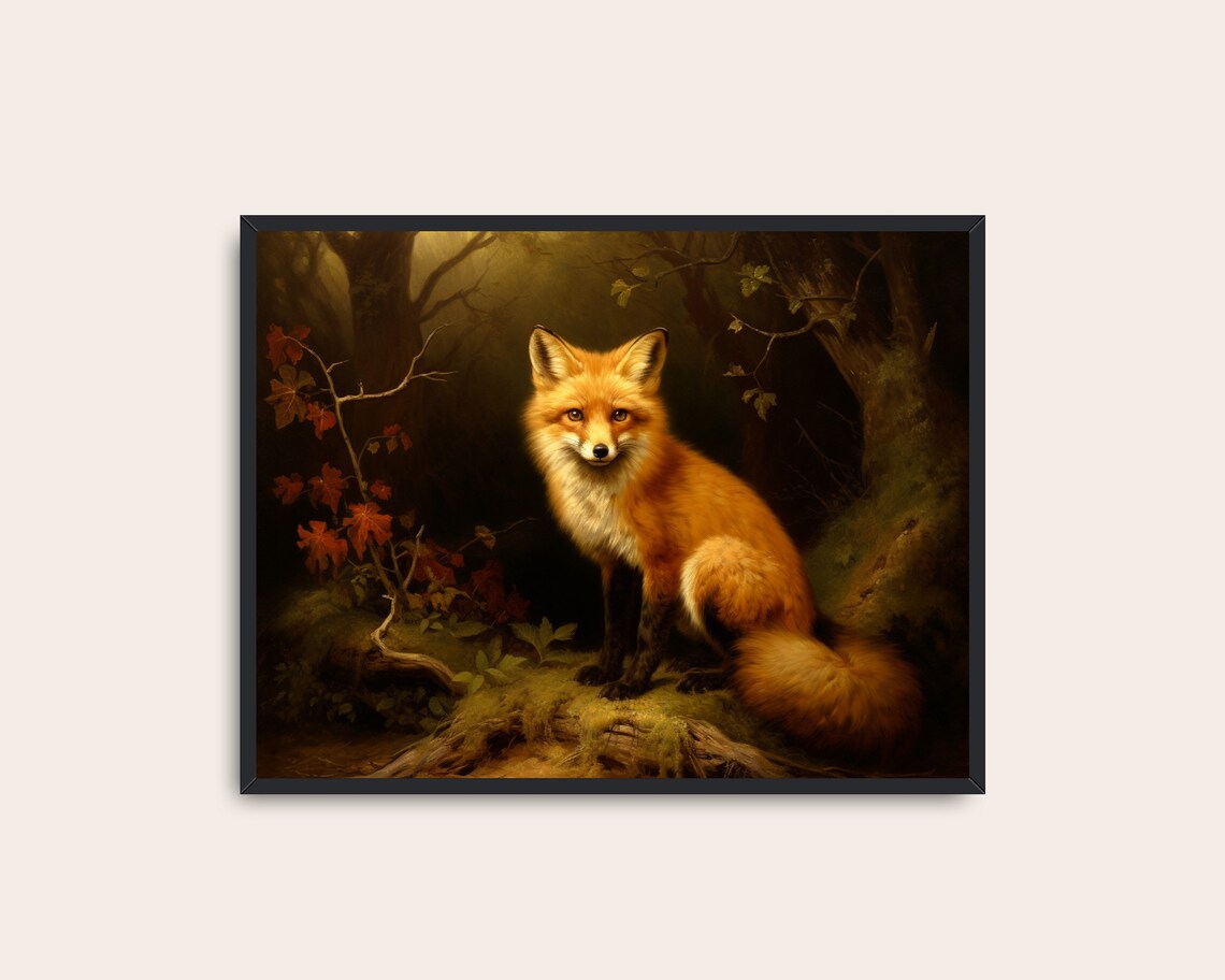 Red Fox Vintage Dark Forest Oil Painting Moody Wildlife Art Print Poster - Image 3