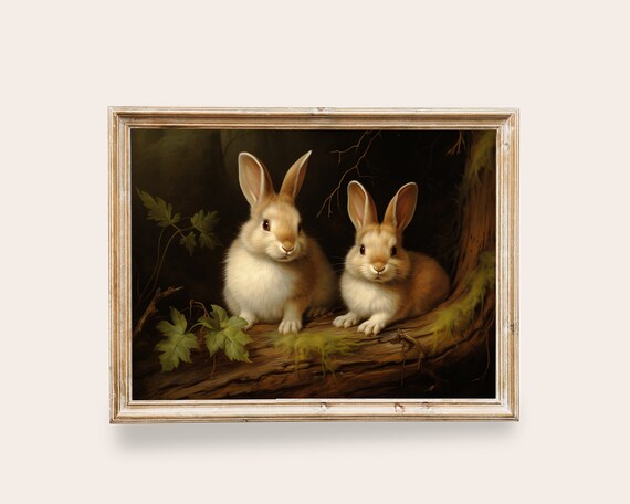 Two Rabbits Mossy Log Dark Forest Vintage Wildlife Painting Print