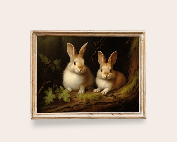 Vintage Rabbit Prints Antique Animal Decor Farmhouse Art Cute Bunny Rabbitspainting Nursery Vintage Art