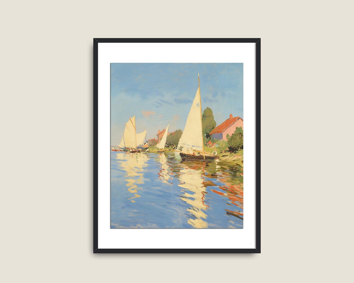Sailboats River Village Impressionist Sailing Regatta Vintage Art Poster - Image 2