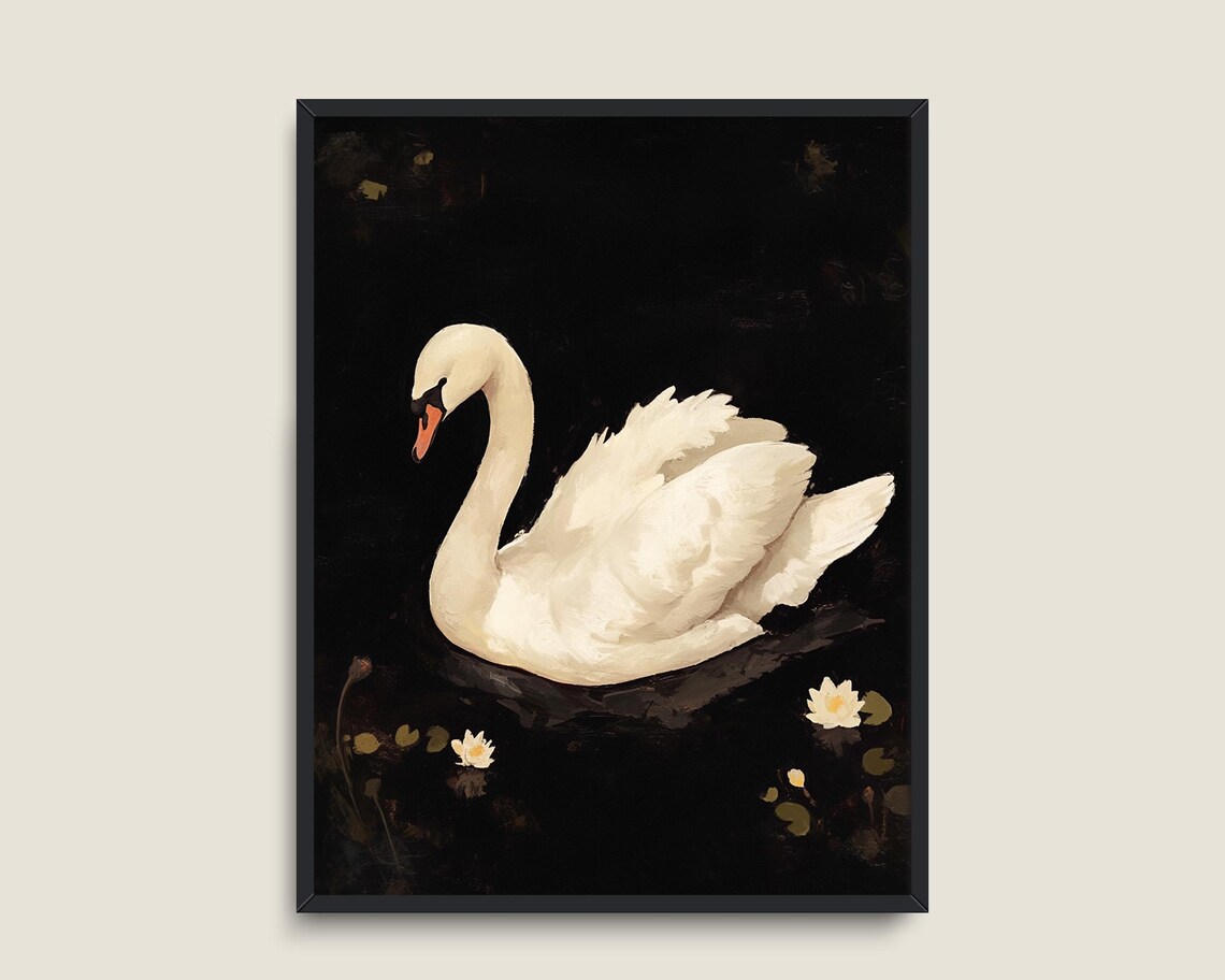 White Swan Dark Water Lilies Moody Vintage Wildlife Wall Art Poster - Image 3