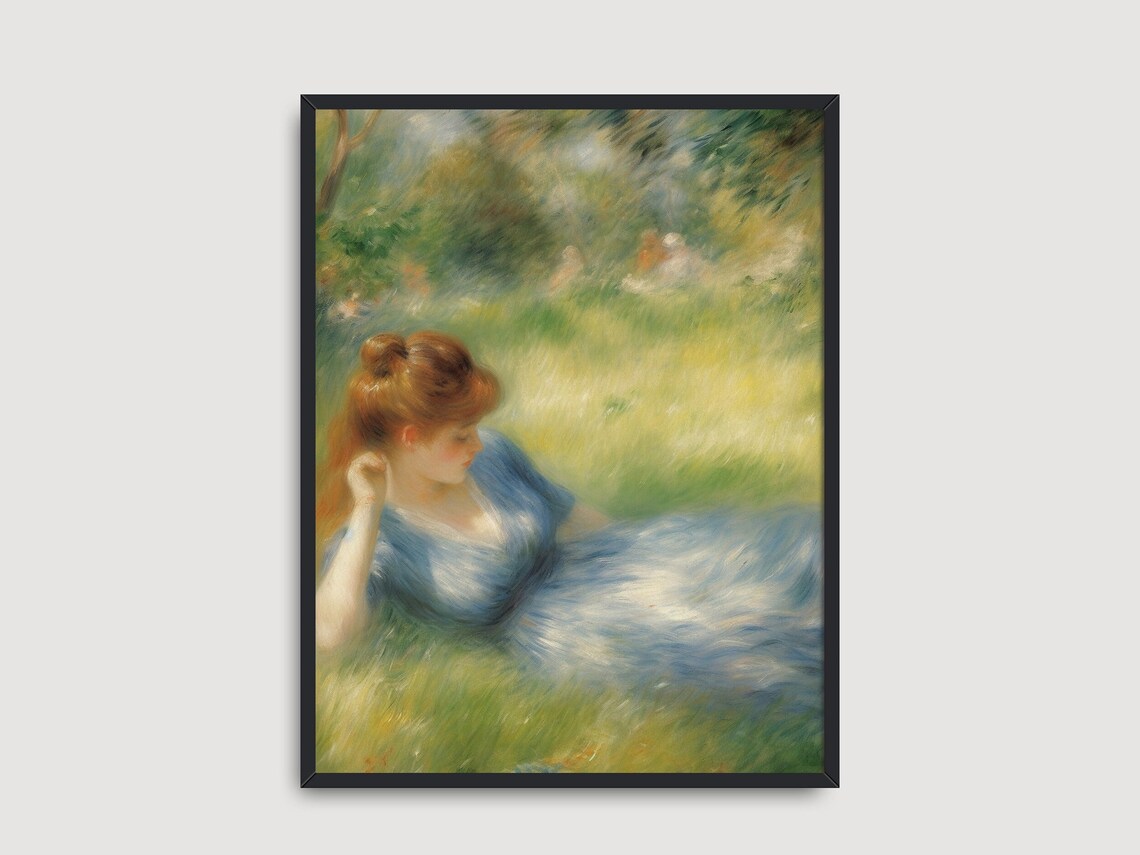 Woman in Blue Dress Vintage Portrait Reclining in Meadow Impressionist Poster - Image 3