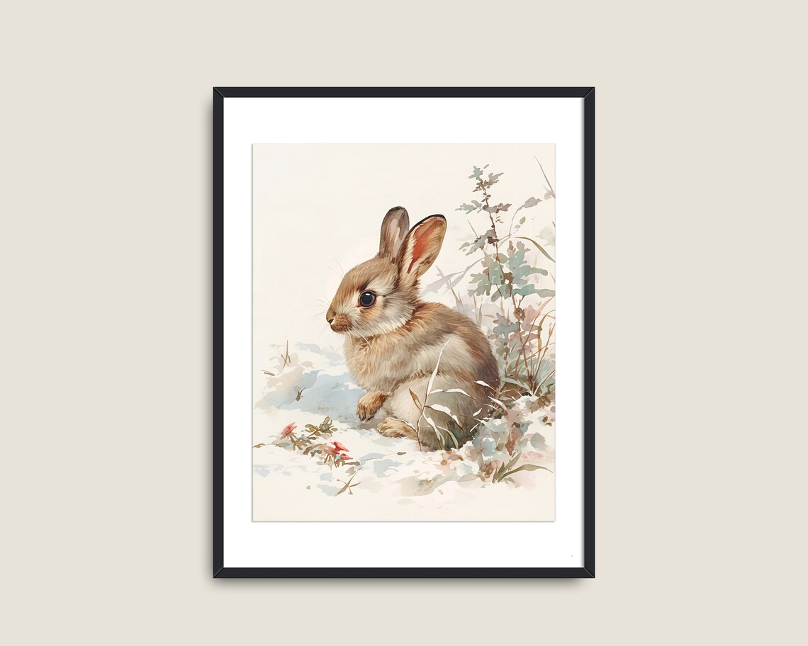 Cute Bunny Rabbit Watercolor Snow Woodland Nursery Animal Print - Image 2