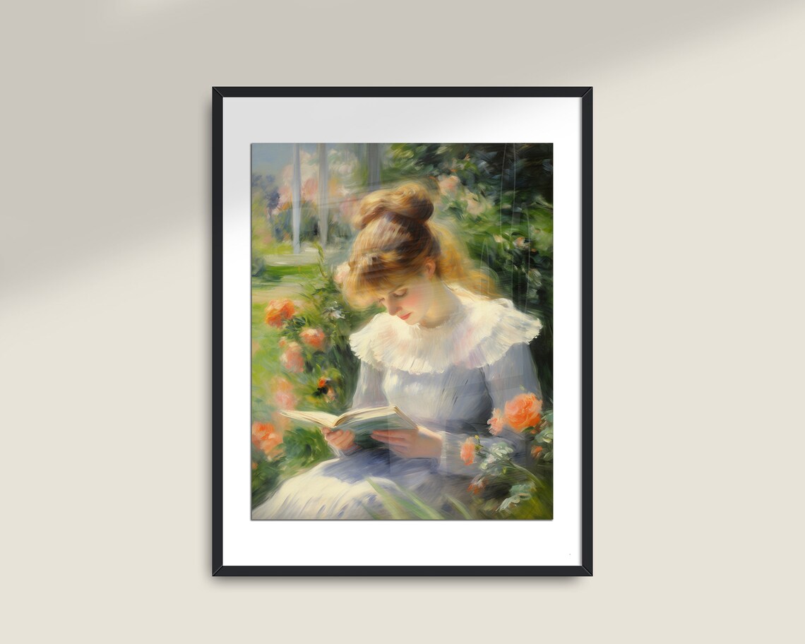 Woman Reading Book Garden Vintage Impressionist Sunny Roses Book Lover Art Poster - Image 2