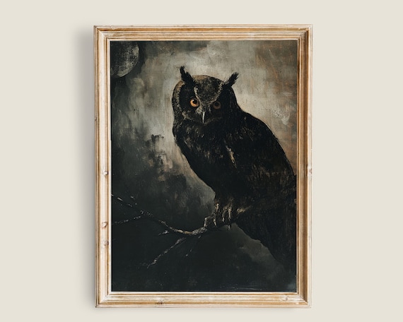 Vintage Owl Painting Dark And Moody Wall Art Dark Academia Decor Art Nature Animal Painting Black Owl Bird Prints