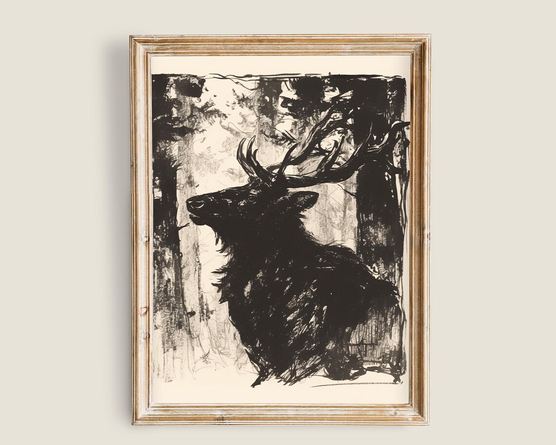 Stag Forest Dark Ink Sketch Expressionist Wildlife Monochrome Art Poster - Image 3