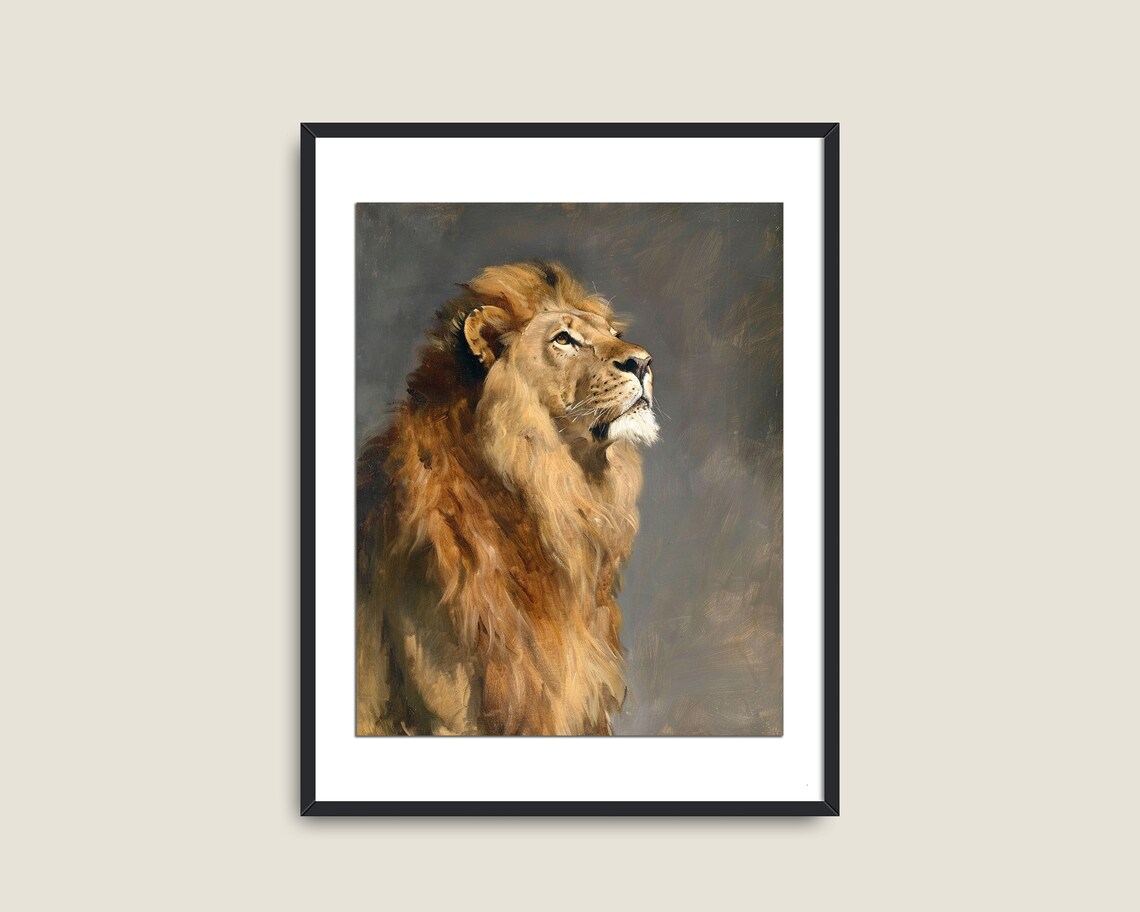 African Lion Male Profile Vintage Oil Painting Majestic Big Cat Print - Image 2