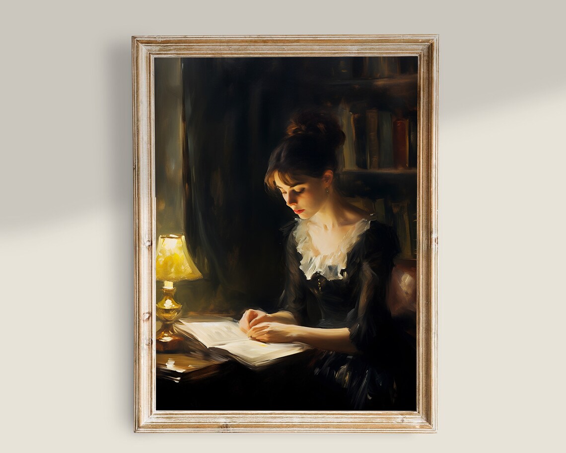 Woman Reading Vintage Books, Dark Academia Art Print