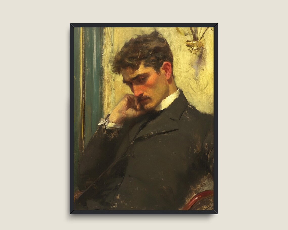 Moody Vintage Gentleman Portrait Dark Academia Oil Painting Poster - Image 3