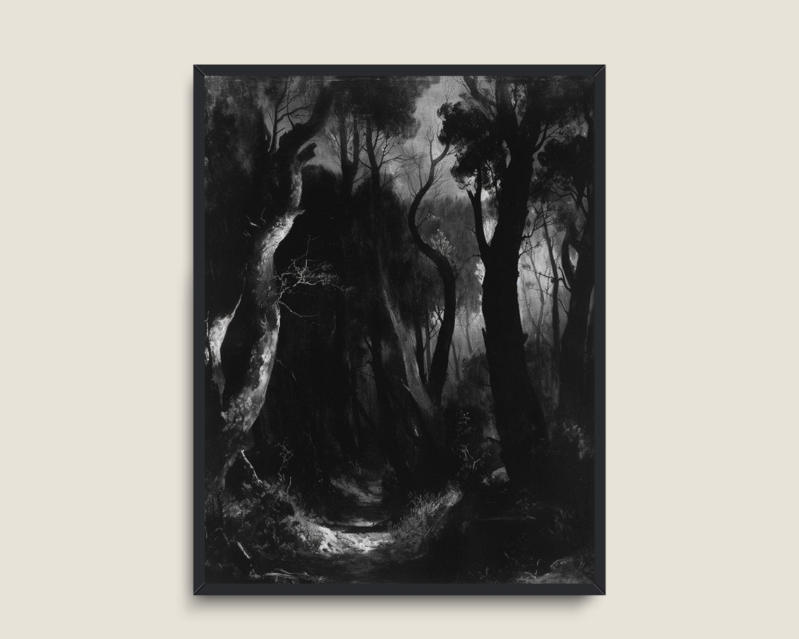 Dark Moody Black And White Forest Path Gothic Woodland Wall Art - Image 3
