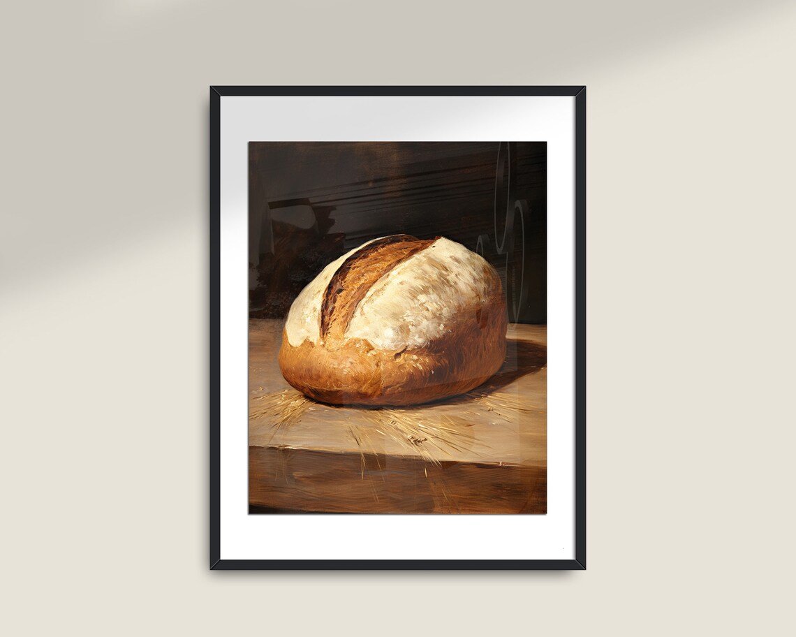 Rustic Sourdough Bread Loaf Still Life On Wooden Table Vintage Poster - Image 2