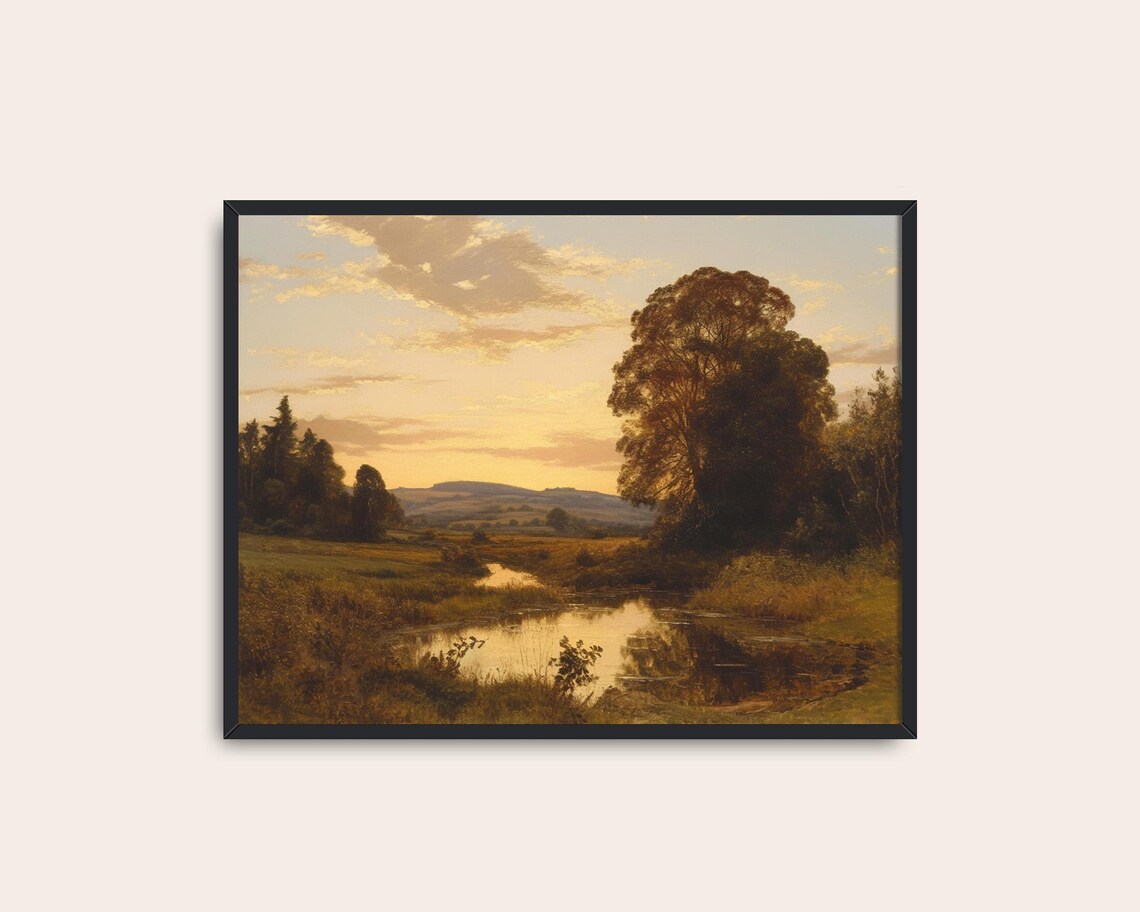 Golden Sunset River Meadow Landscape Vintage Countryside Poster - Image 3