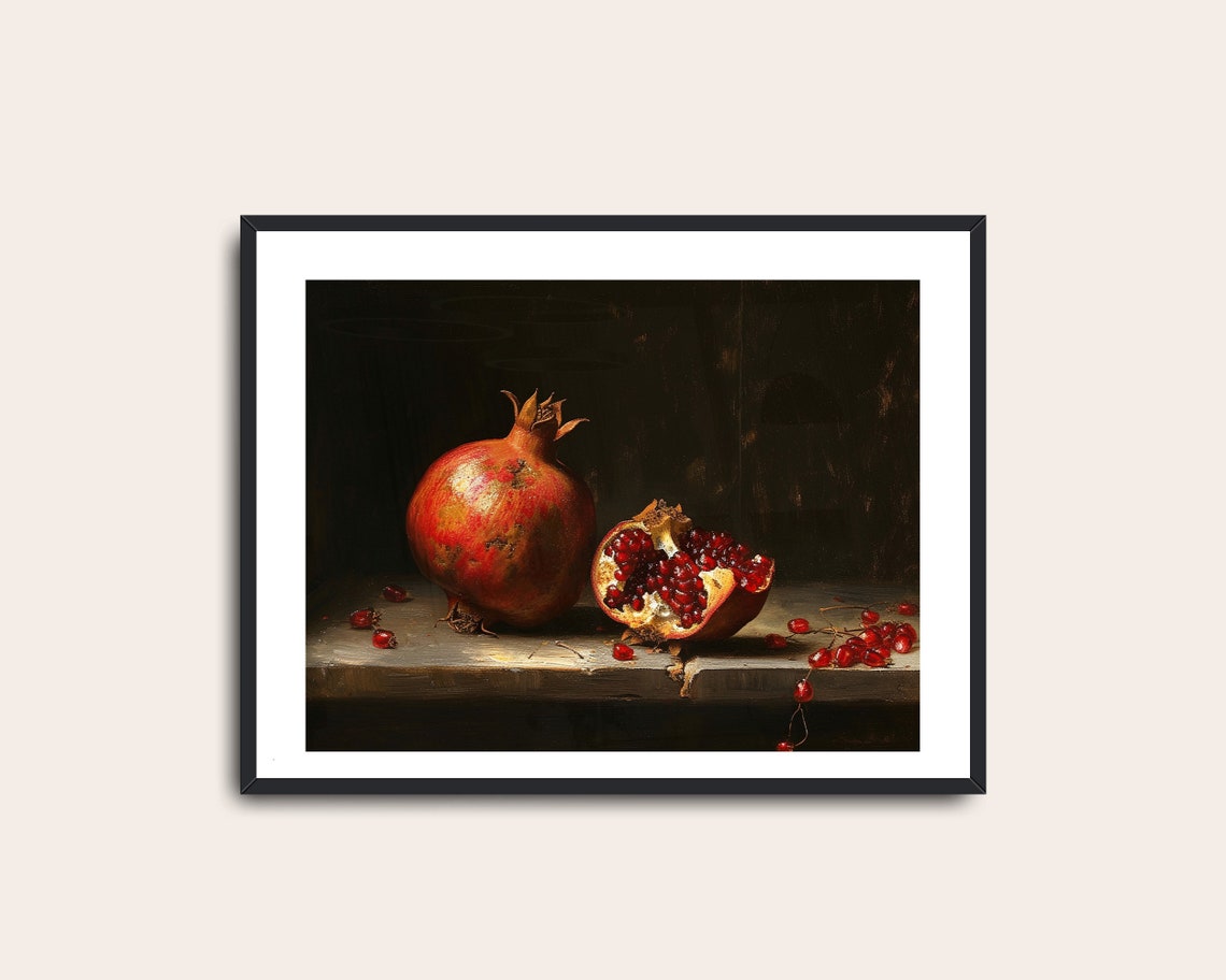 Moody Pomegranate Still Life Painting Dark Vintage Kitchen Poster - Image 2