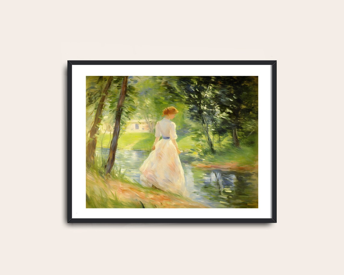 Woman In White Dress Beside Forest Stream Vintage Romantic Poster - Image 2