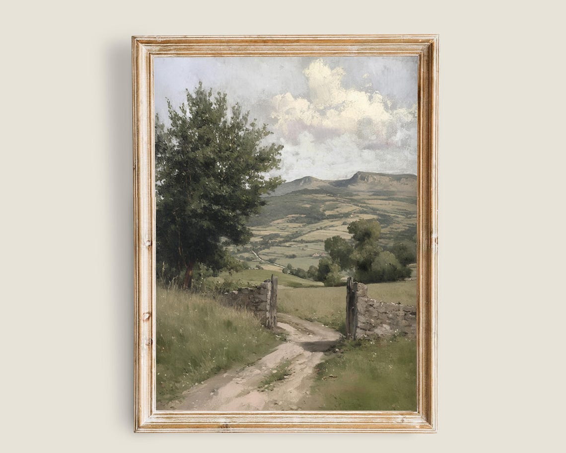 Country Road Stone Gate Rolling Hills Vintage Landscape Wall Art