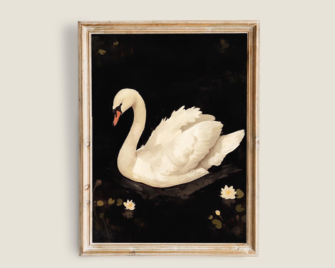 White Swan Dark Water Lilies Moody Vintage Wildlife Wall Art Poster