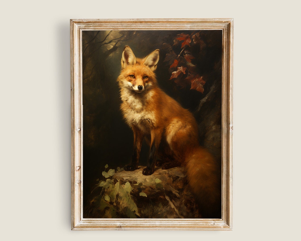 Red Fox Sitting in Autumn Forest Vintage Dark Academia Poster