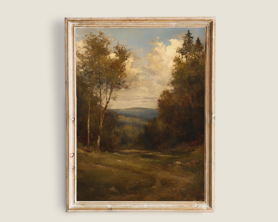 Moody Autumn Forest Valley Vintage Dark Landscape Painting Poster