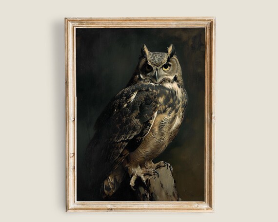 Vintage Owl Painting Dark And Moody Wall Art Dark Academia Decor Art Nature Animal Painting European Horn Owl Bird Prints