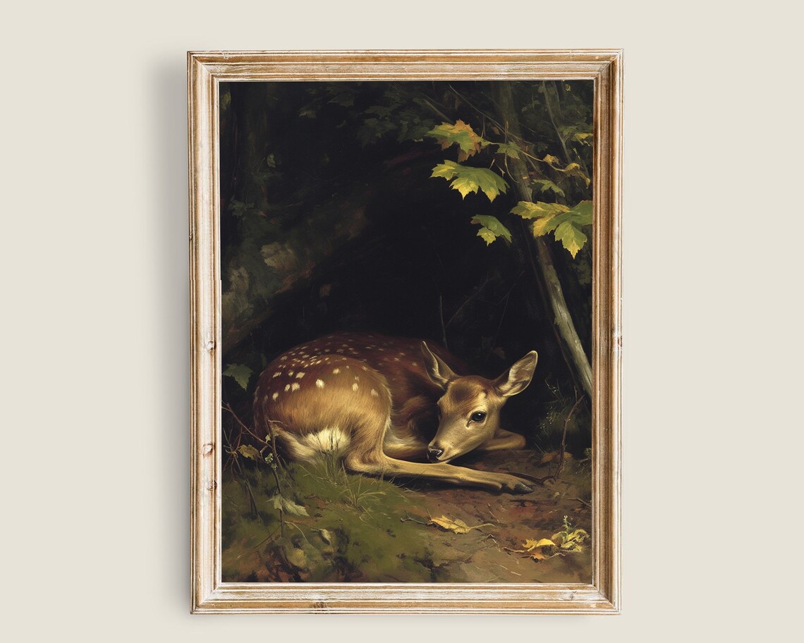 Deer Landscape Vintage Art Print, Light Academia Decor