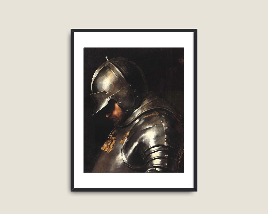 Medieval Knight In Steel Armor Profile Dark Vintage Portrait Print - Image 2