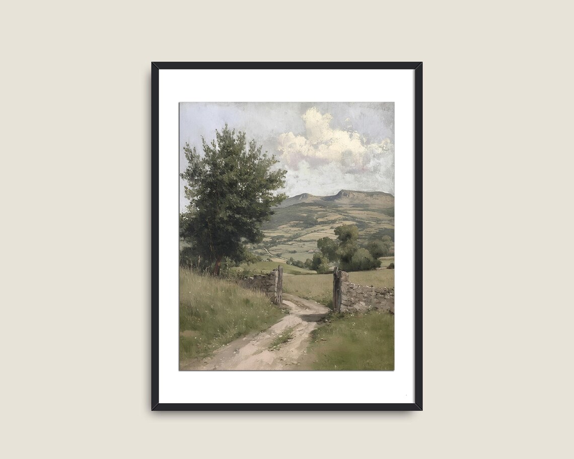 Vintage Country Side Farm Painting Cottage Nature Landscape Art Art French Cottagecore Decor Muted Tones Painting - Image 2