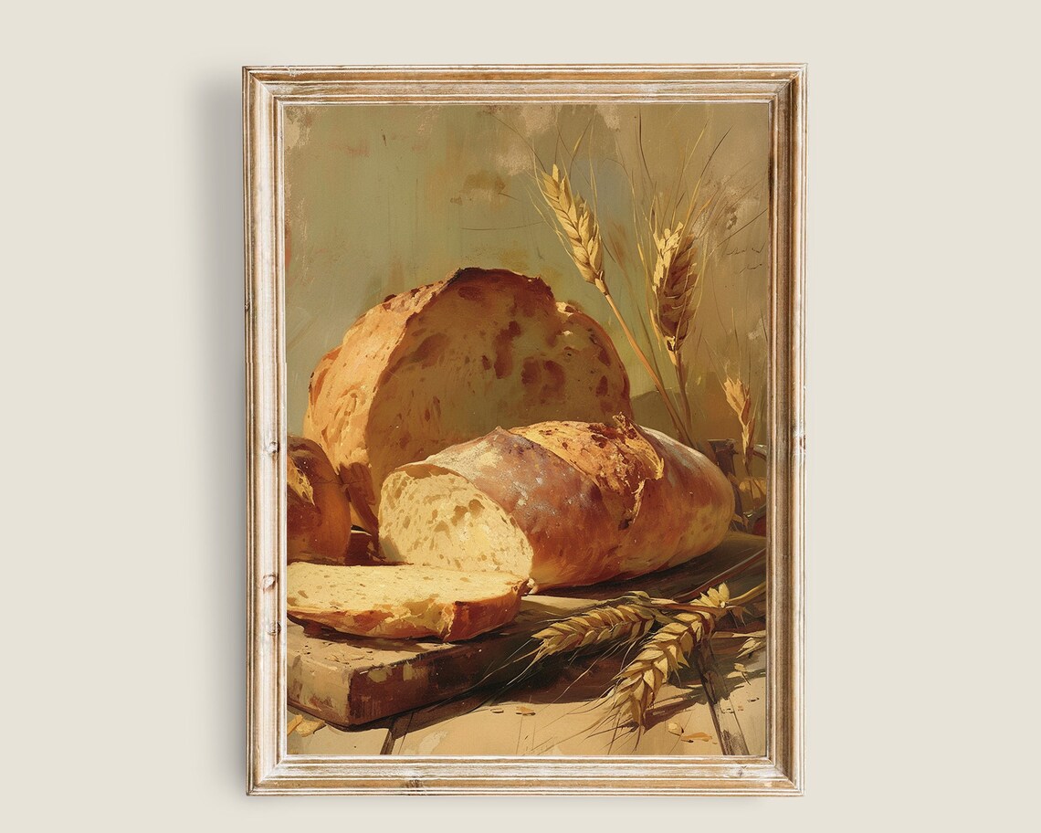 Rustic Bread Loaves Wheat Still Life Vintage Kitchen Painting Poster