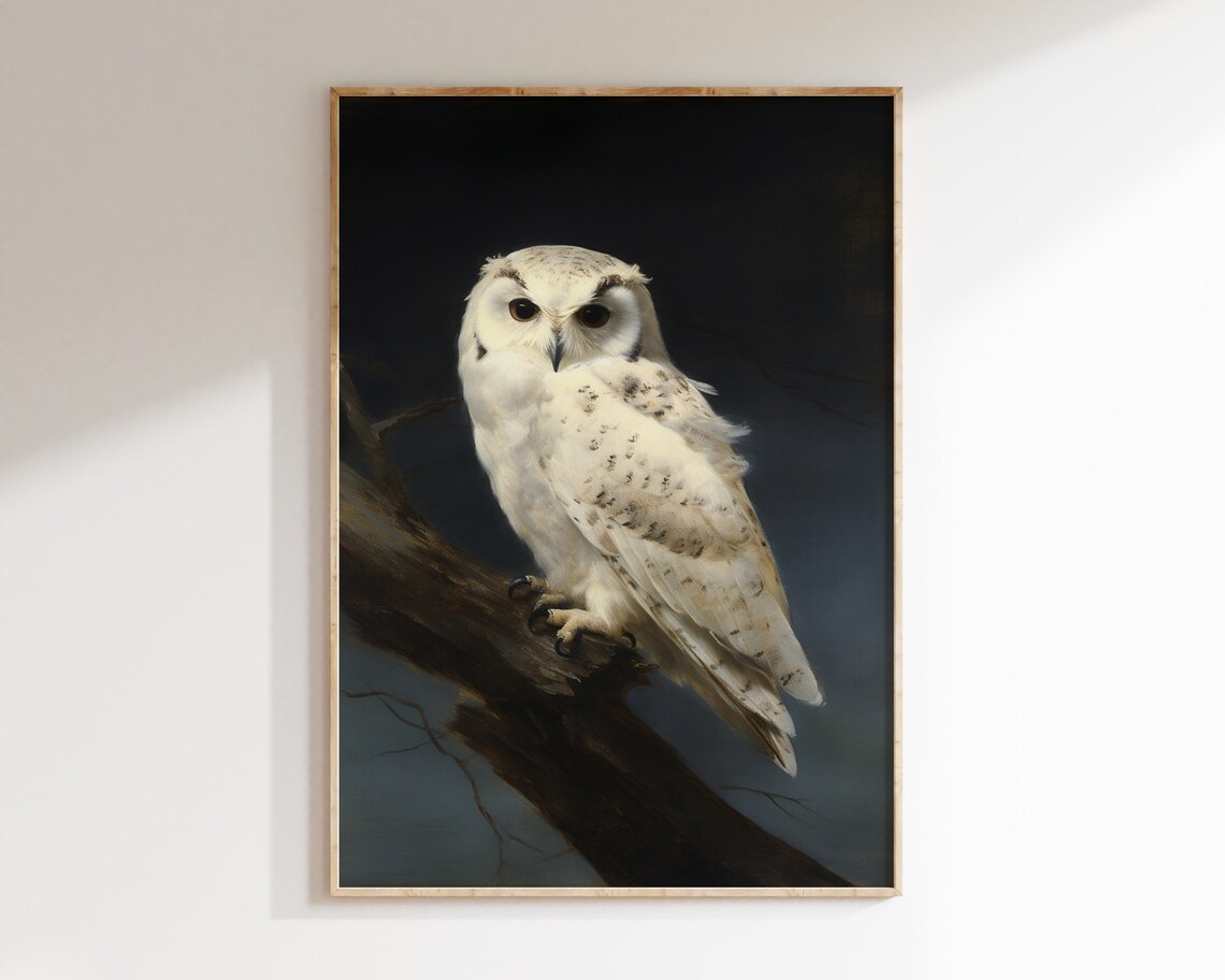 White Owl Perched on Branch Dark Moody Wildlife Painting Poster - Image 3