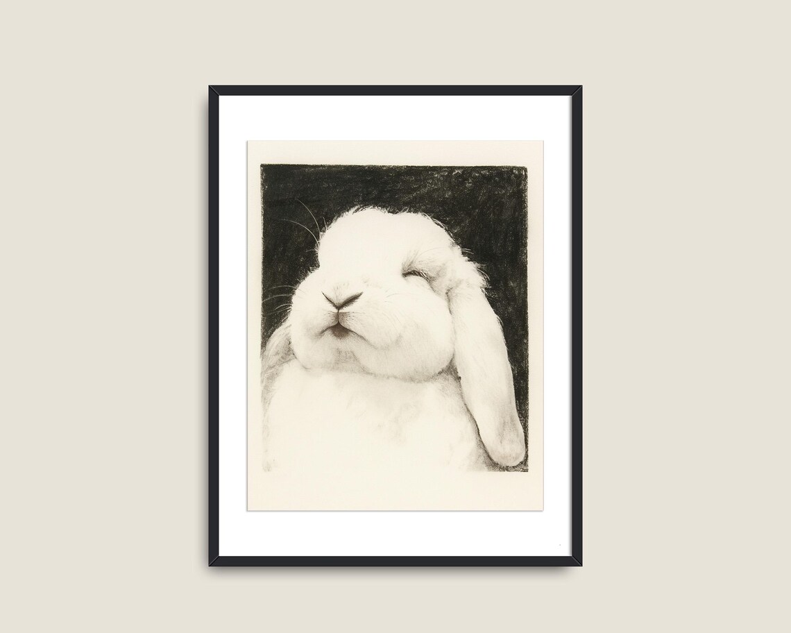 Sleeping White Bunny Lop Ears Monochrome Sketch Nursery Wall Art Poster