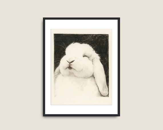 Sleeping White Bunny Lop Ears Monochrome Sketch Nursery Wall Art Poster