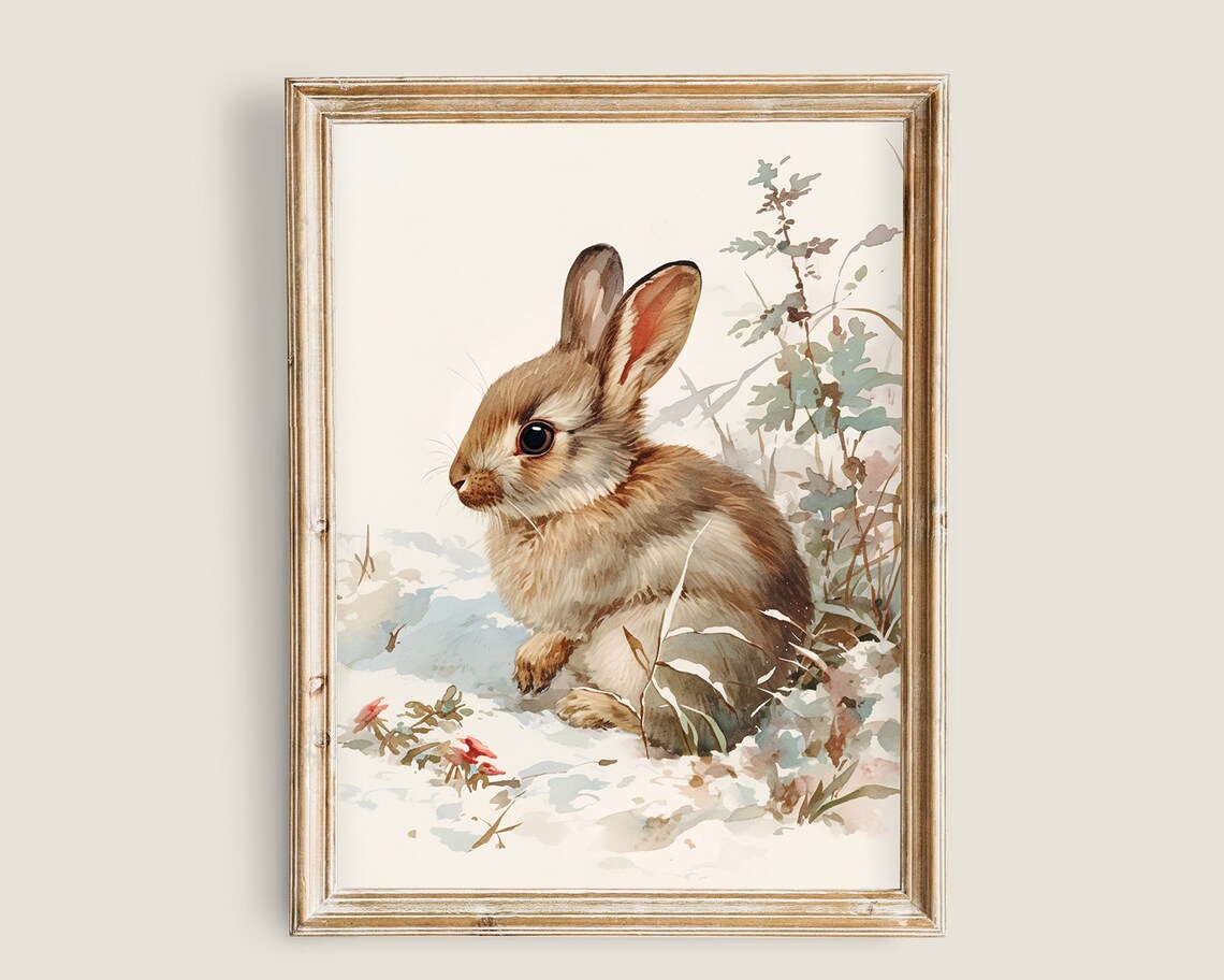 Cute Bunny Rabbit Watercolor Snow Woodland Nursery Animal Print