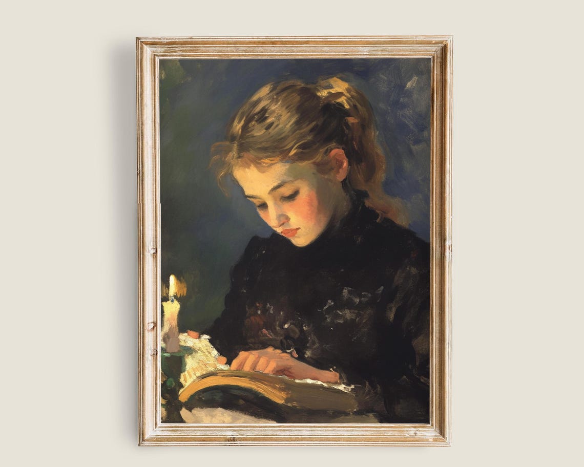 Woman Reading By Candlelight Vintage Dark Academia Library Print