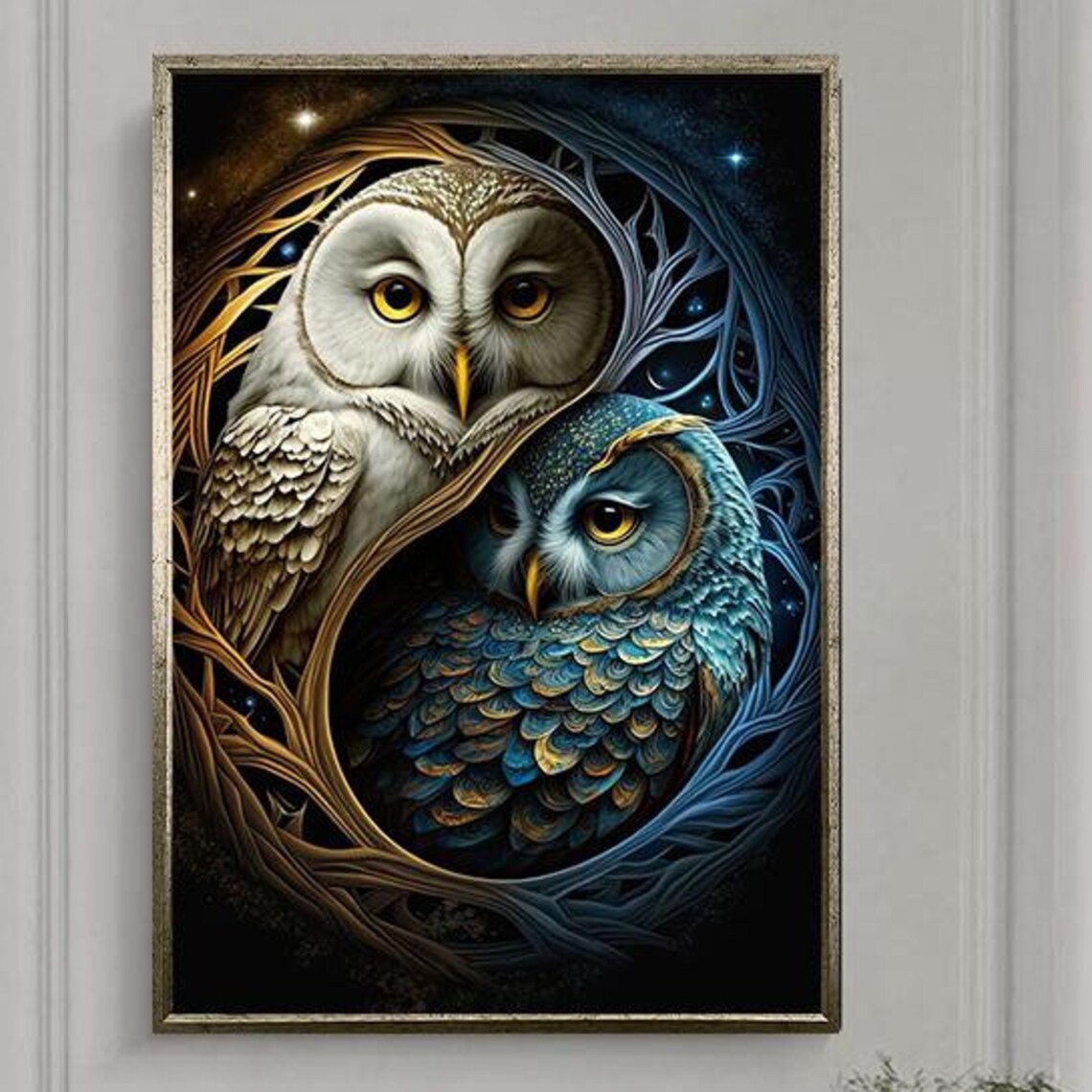 White and Blue Owls in Yin Yang Circle Mystical Wildlife Poster