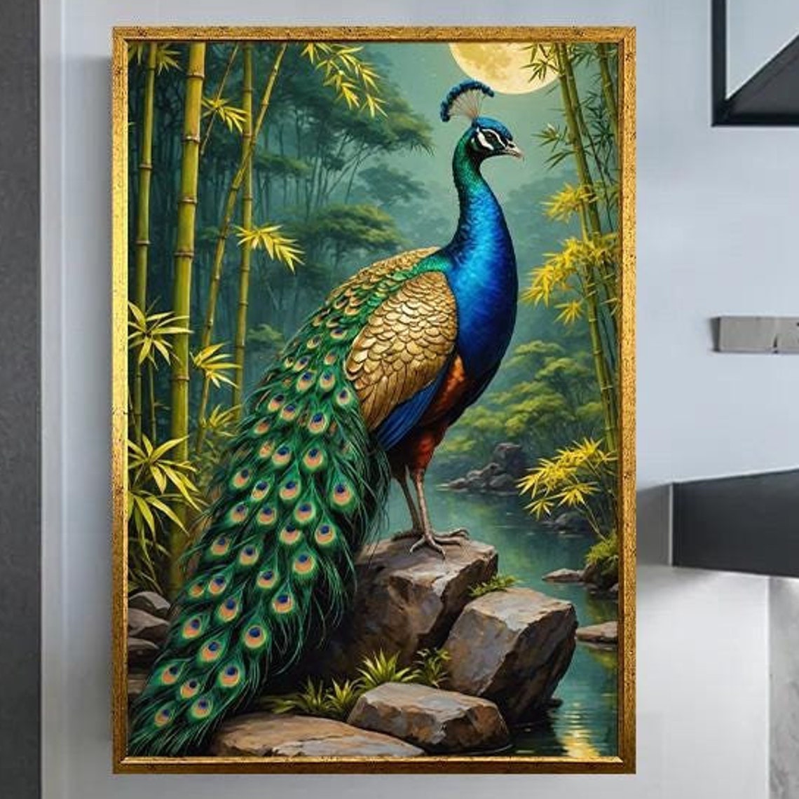 Peacock Standing On Rocks In Bamboo Forest By Moonlit Lake Poster