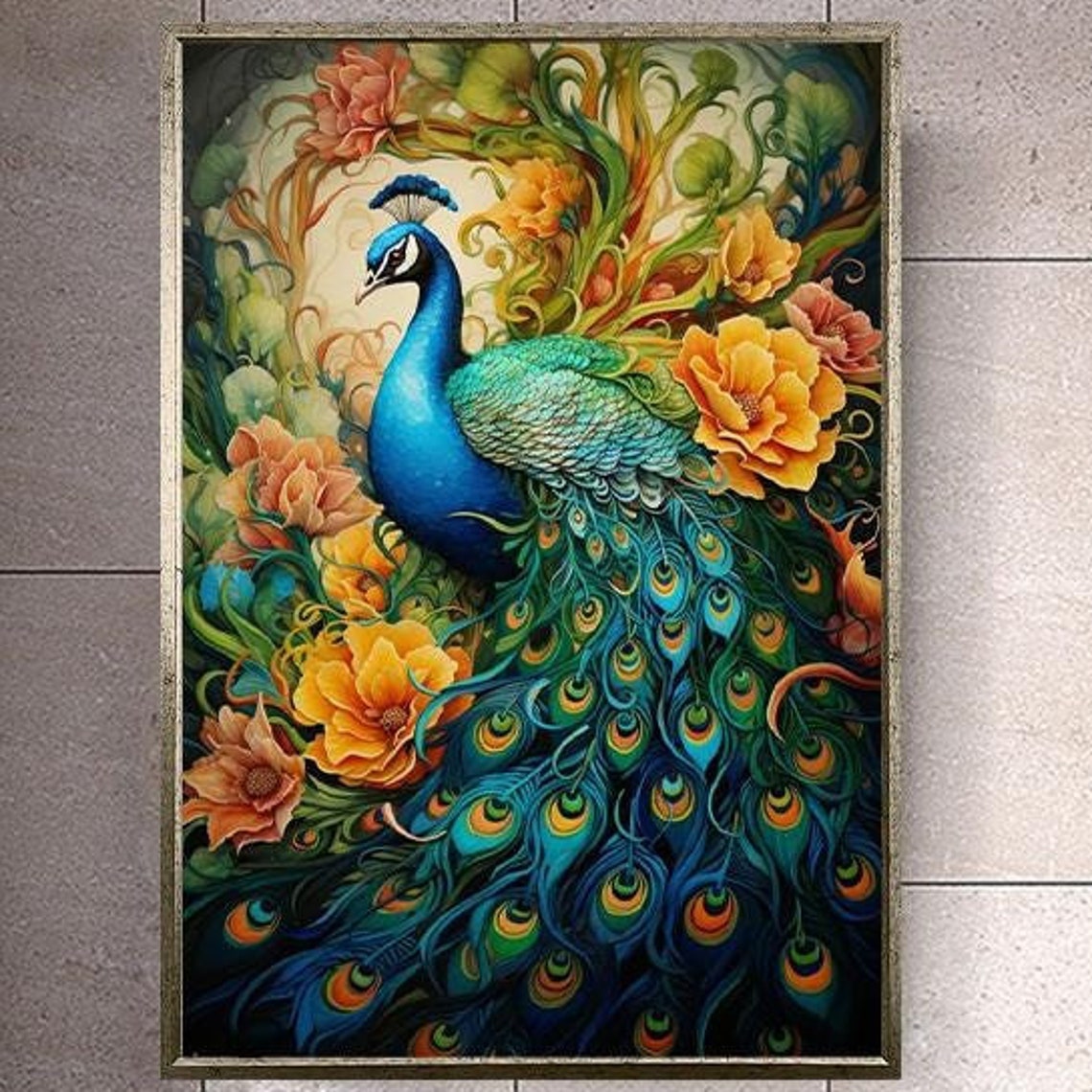 Blue Peacock With Flowing Tail Among Orange Blossom Flowers Art Poster