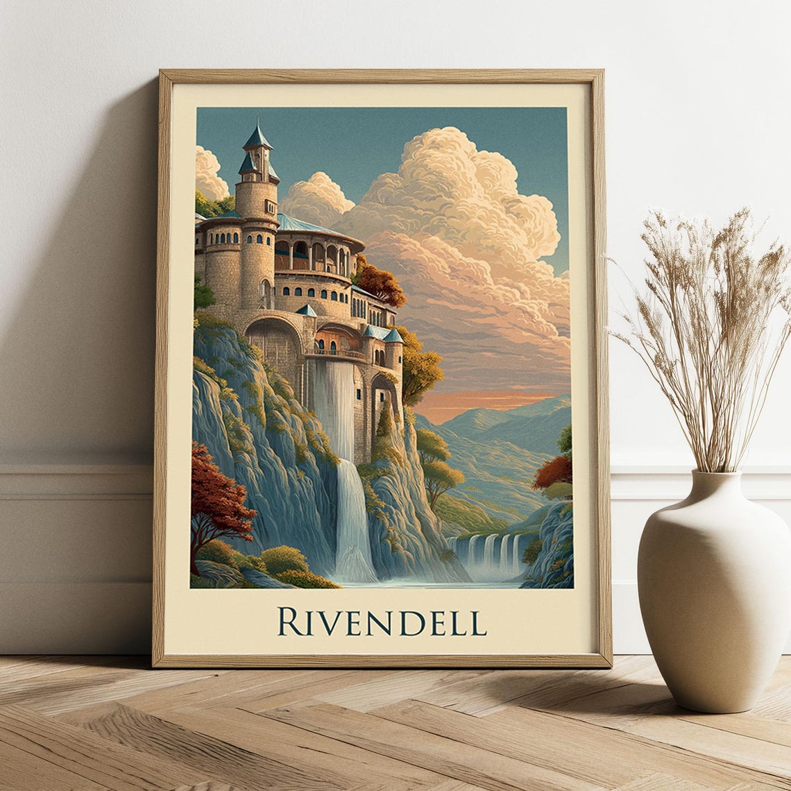 Rivendell Elven Castle Waterfall Tolkien Fantasy Vintage Poster
